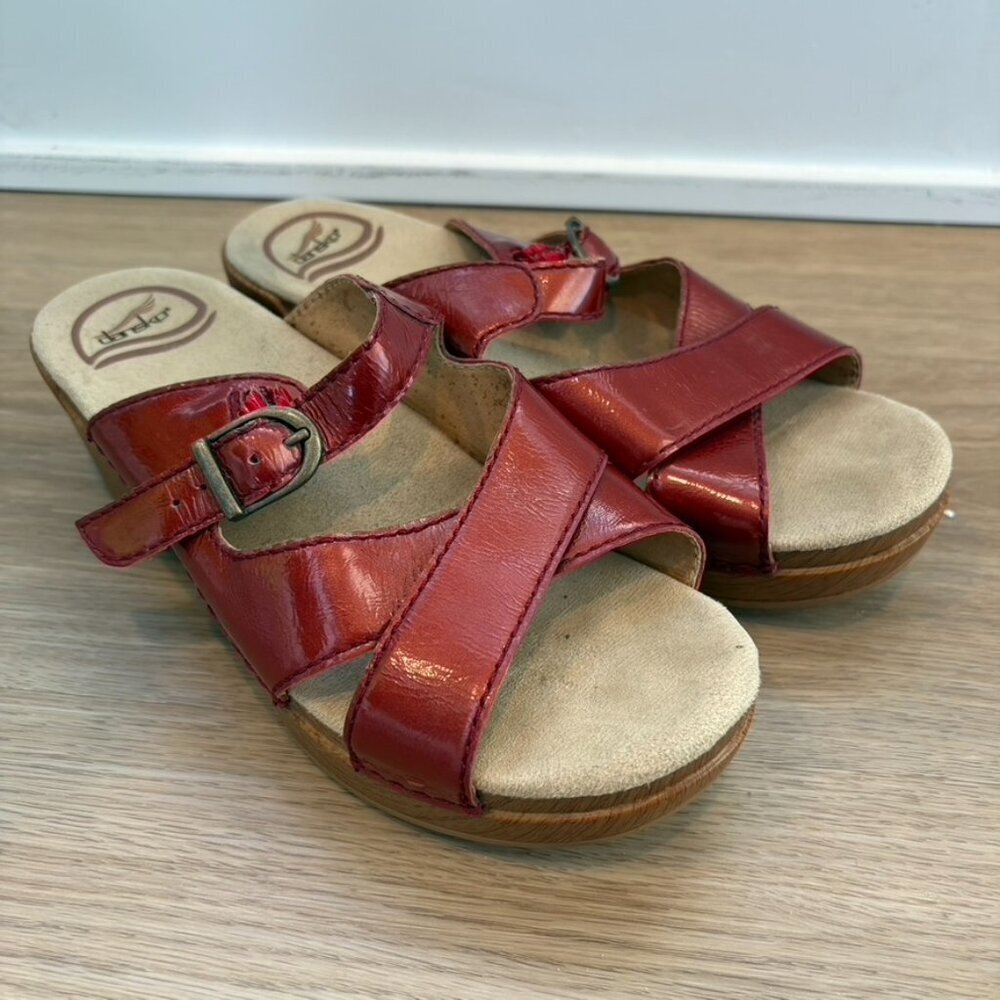 Dansko Red Leather Wooden Heeled Sandals Size 37